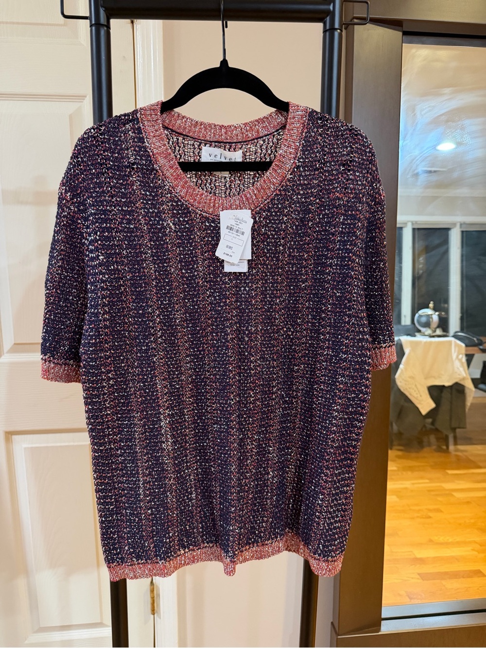 Velvet Pink & Navy Metallic Stripe Crewneck Sweater
